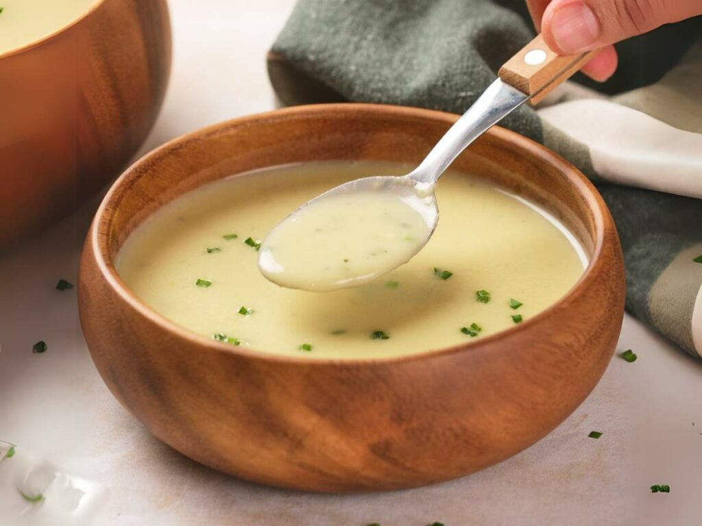 A wooden bowl of creamy potato and leek soup garnished with chopped herbs.