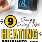 Hand adjusting a digital thermostat, displaying 68°F. Text on image: "9 Energy Saving Tips Heating Companies Don't Want You to Know.