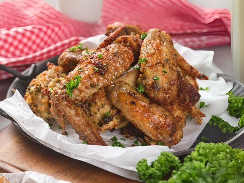 A plate of parmesan and garlic wings garnished with parsley, served on parchment paper.