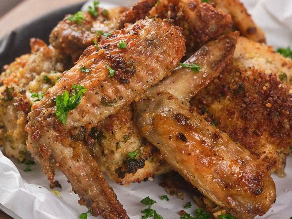 Crispy parmesan and garlic wings garnished with parsley on white parchment paper.