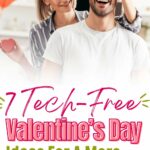 Smiling woman playfully covers a man's eyes; text overlay reads, "7 Tech-Free Valentine's Day Ideas For a More Meaningful Connection.